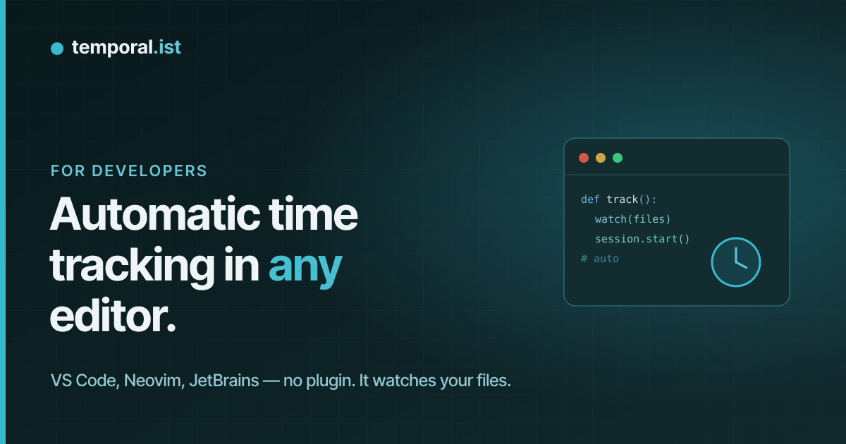 A code editor window with a clock — automatic time tracking for developers in any editor