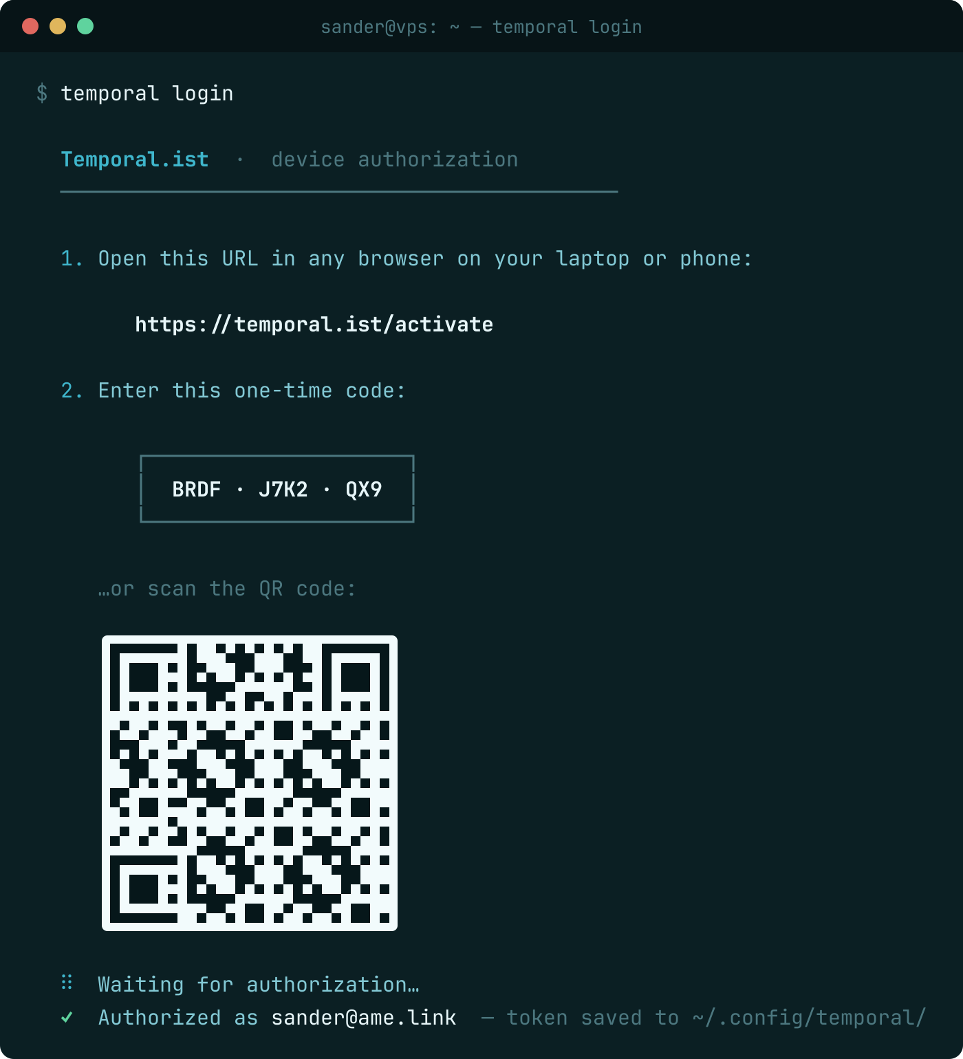 The temporal login command showing a verification URL, a one-time code, and a QR code to scan