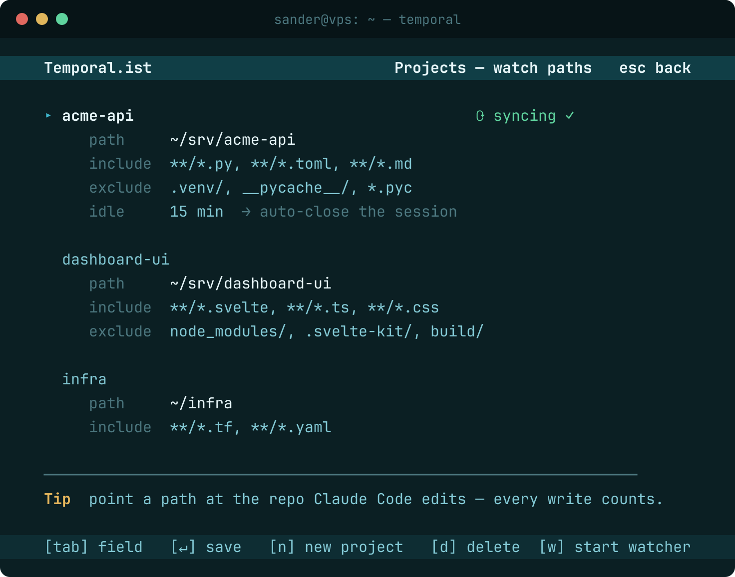 The TUI project editor showing watch paths, include and exclude globs, and an idle timeout for three projects