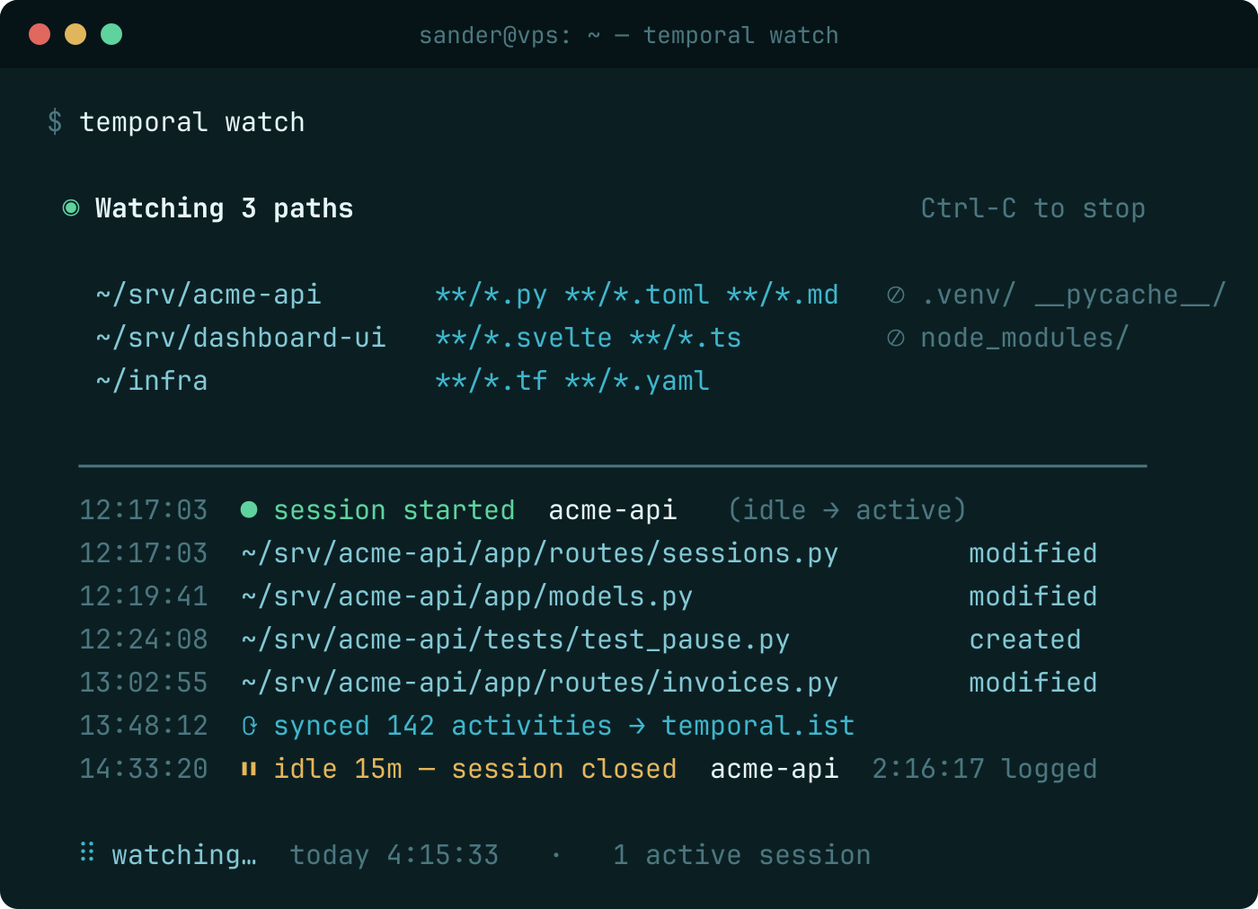 The temporal watch command streaming live file events, a session start, a sync, and an idle auto-close