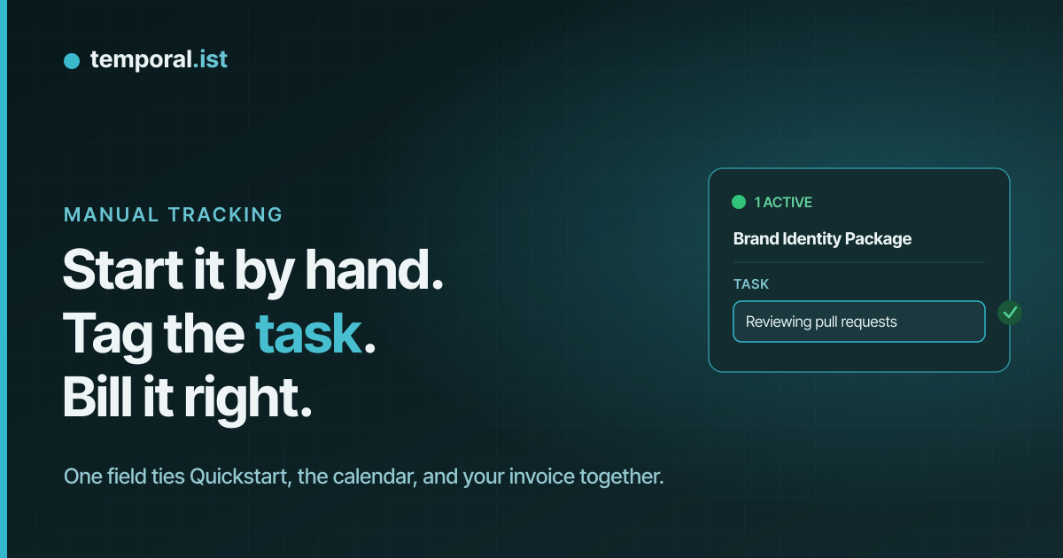 An active session card reading 1 active, Brand Identity Package, with a Task field showing Reviewing pull requests and a saved checkmark