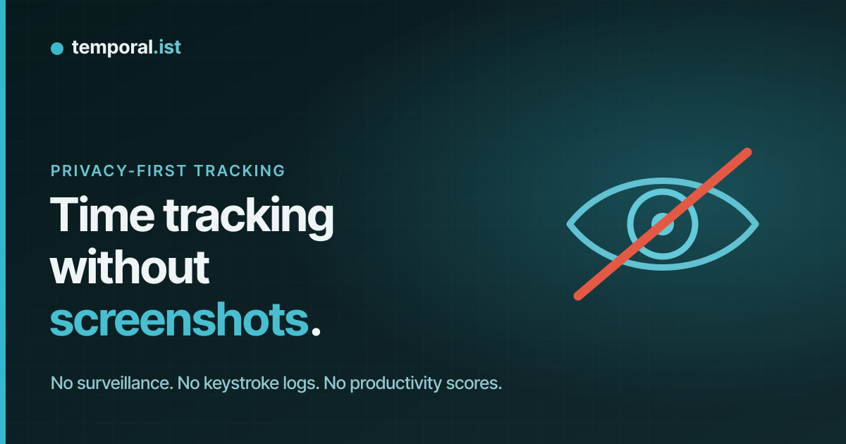 An eye crossed out — time tracking without screenshots or surveillance