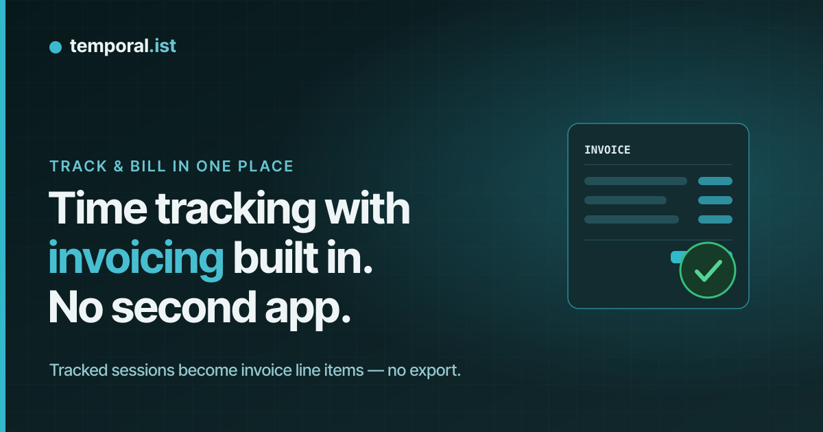 An invoice document with a green check — time tracking with invoicing built in
