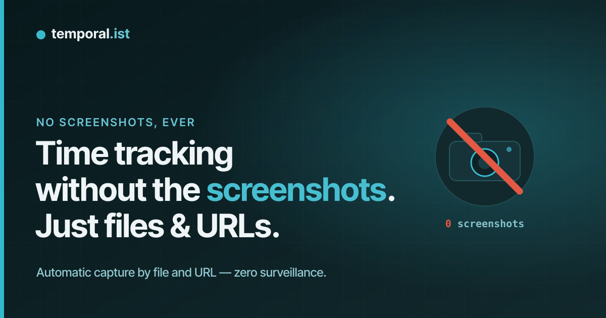 Temporal.ist captures hours by file and URL with zero screenshots, ready to invoice