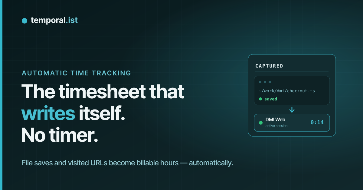 Temporal.ist automatically turns a saved file into a tracked session and billable hours
