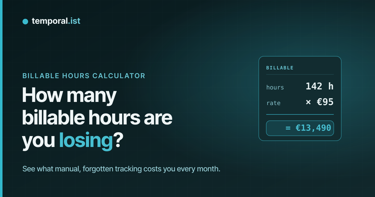 Tracked hours times your rate equals billable revenue, calculated with Temporal.ist