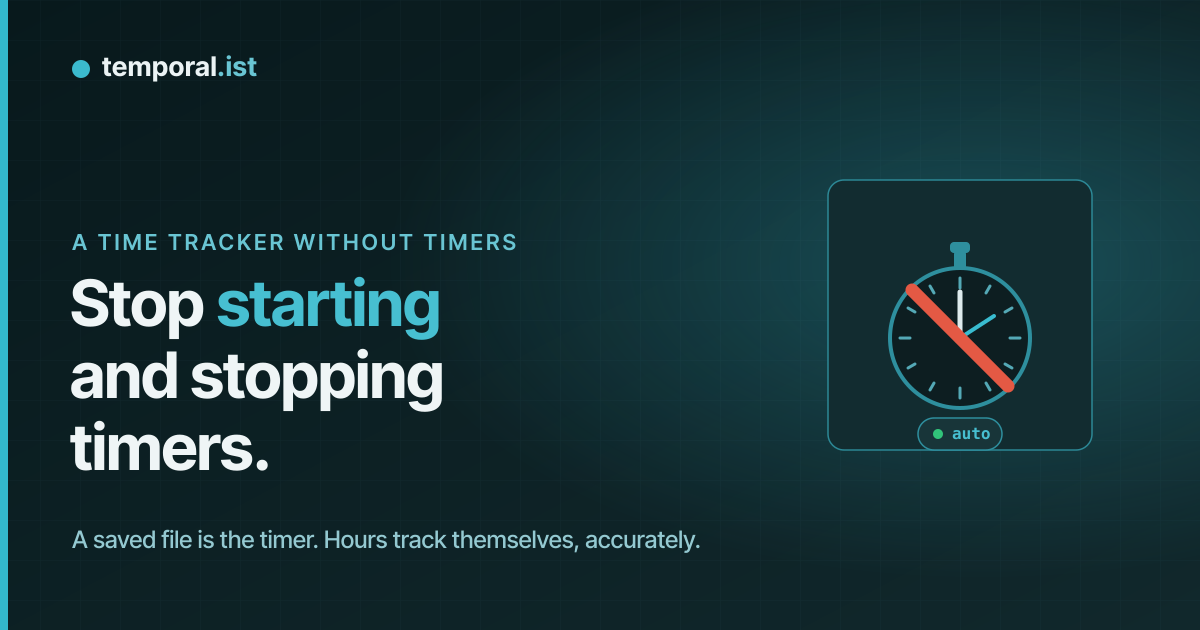 Temporal.ist needs no timer — a saved file is tracked automatically into accurate hours