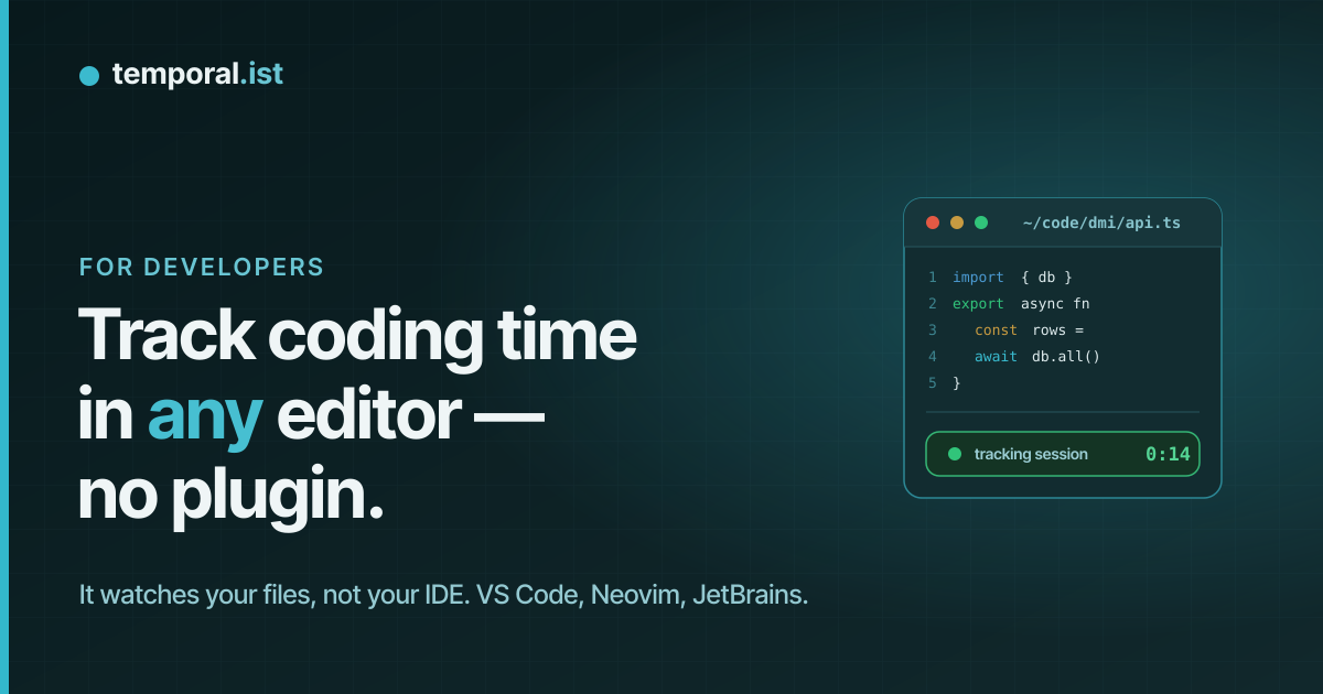 Temporal.ist tracks coding time in any editor by watching files, per project and repo